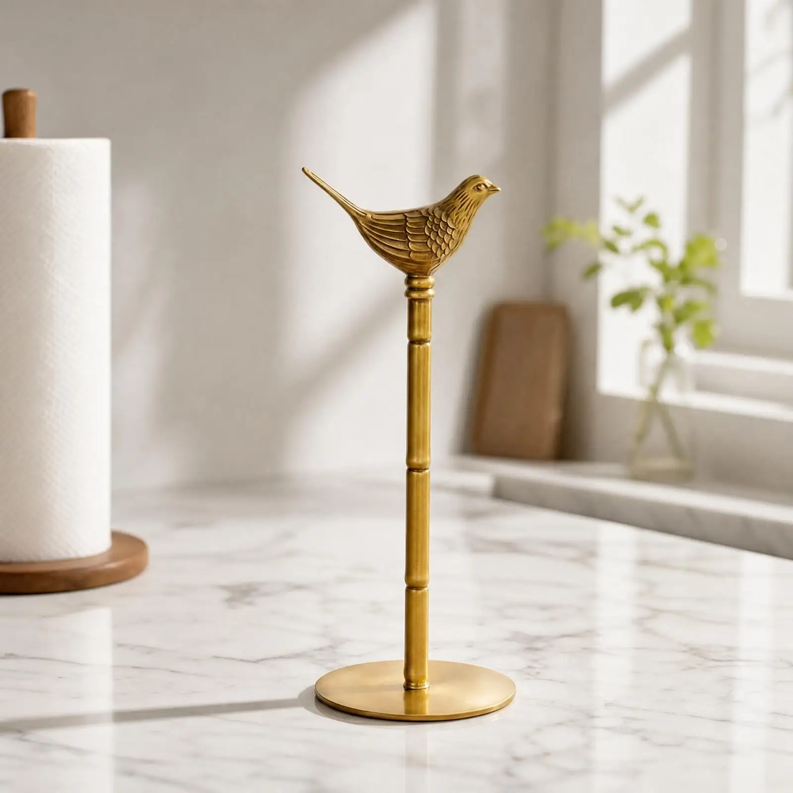 Kitchen Paper Towel Rack Brass Napkin Holder Stand with Bird Ornament for Table Countertop Use