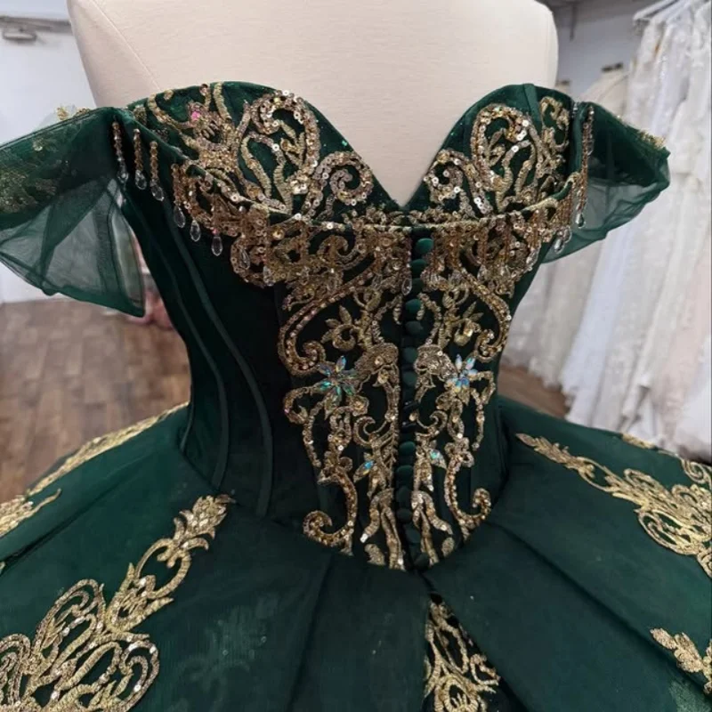 

Shiny dark green Quinceanera Dress off-shoulder layering crystal glitter decal vestidos de 15 Quinceanera ﻿Customize