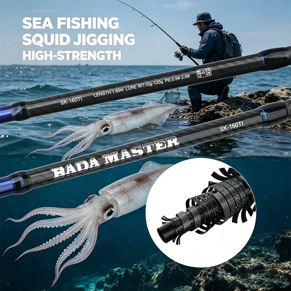 ROLLFISH Squid Fishing Rod Spinning Rod - Titanium Alloy Solid Tip Sensitive Fast Action, K-Cloth Reel Seat Carbon Fiber Handle