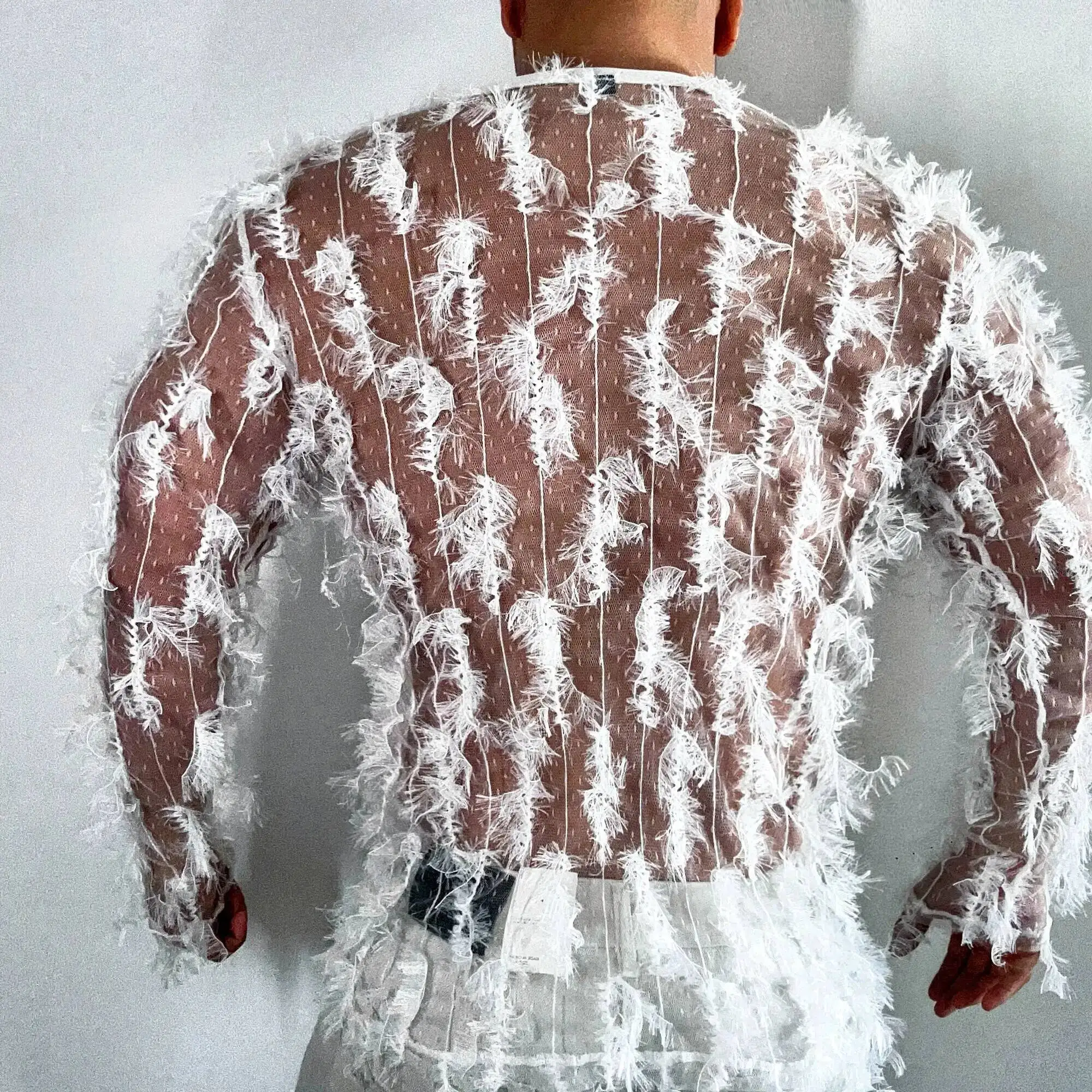 Feather long sleeve white men party club t shirt Plus size see through sexy top streetwear