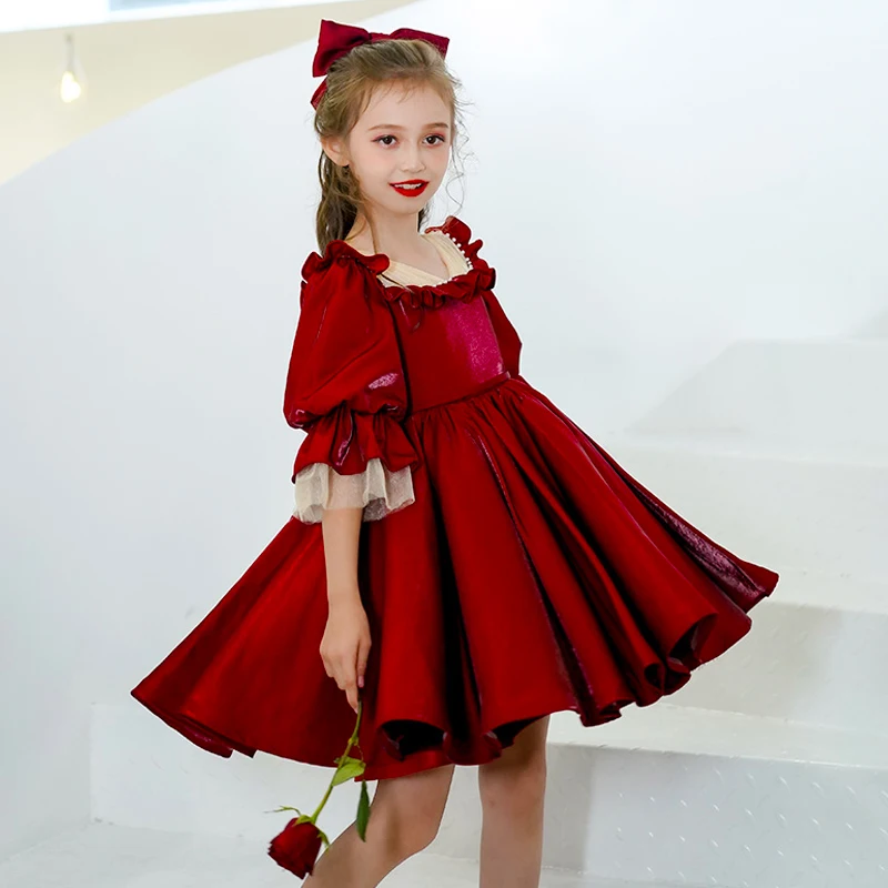 

Girls Formal Evening Pageant Dress Little Girls Princess Elegant Gown Children Puff Sleeve Dresses V-neck Mid-length Christmas