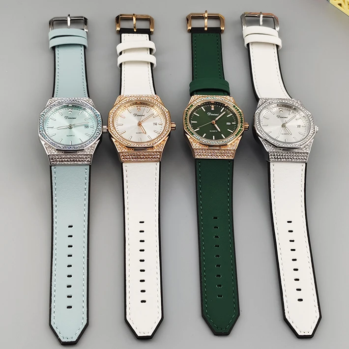 ساعة كوارتز نسائية أنيقة بأحجار الراين الملونة وحزام سيليكون أنيق ووجه دائري دقيق - إكسسوار عصري f