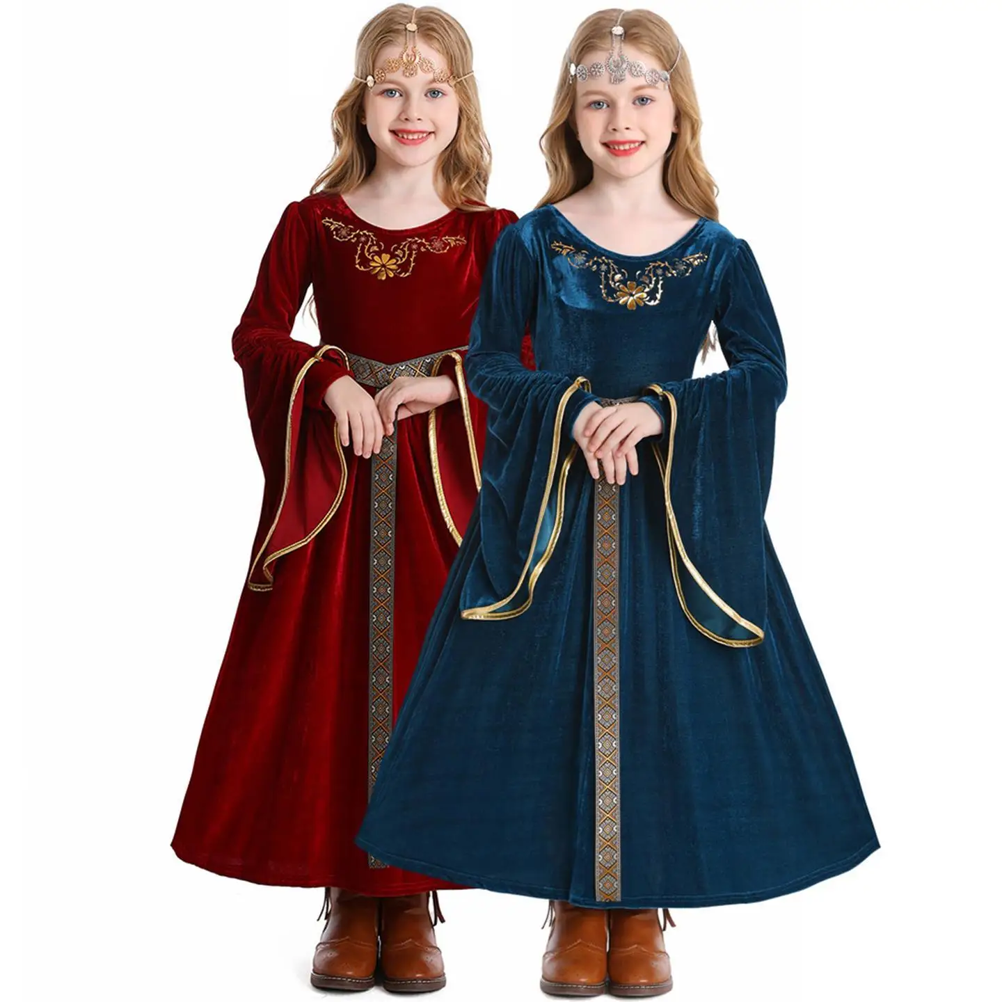 

loween Costume Retro Court Dance Sve Cosplay Children Performance Clothes Medieval Dr Pure Color KTV Evening Gown