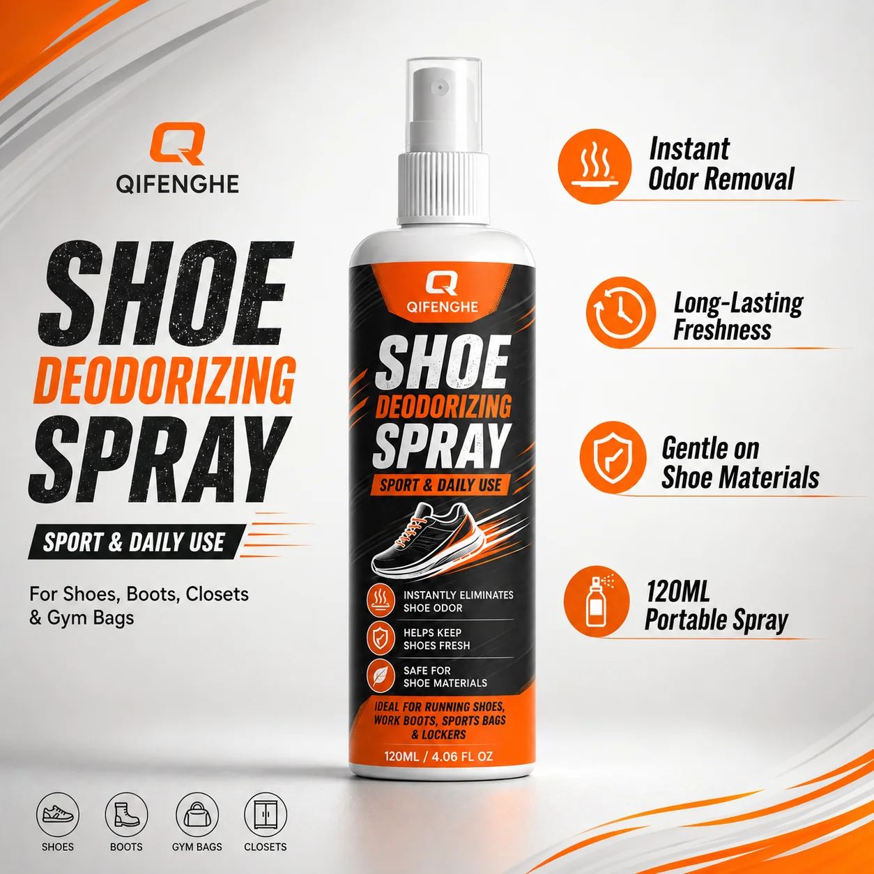 Shoe Deodorizing Spray for Boots & Sneakers 120ml - Long-Lasting Odor Eliminator for Closets, Bags & Cars