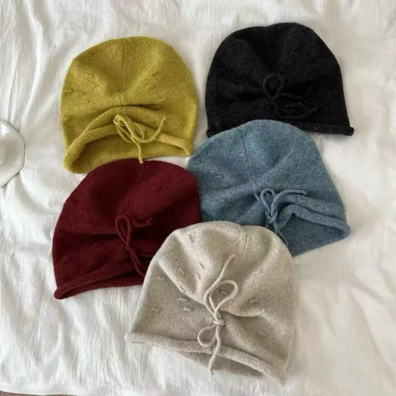 Curling Lazy Wind Drawstring Stacking Hat Outdoor Knitted Wool Pullover Solid Color Ear Protector Cold Warm Hat Baotou Women