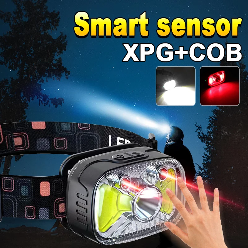 7 Modes Motion Sensor XPE+COB LED Headlamp Flashlight USB Rechargeable Waterproof Camping Head Lamp Running Fishing Headlight