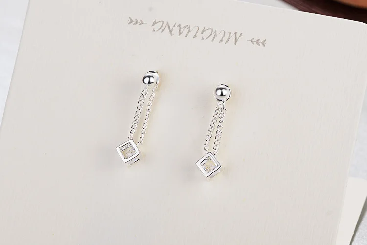 Simple Elegant 925 Silver Cube Love Window Zircon Tassel Sugar Drop Earrings for Women Sterling Brincos Oorbellen Best Gift