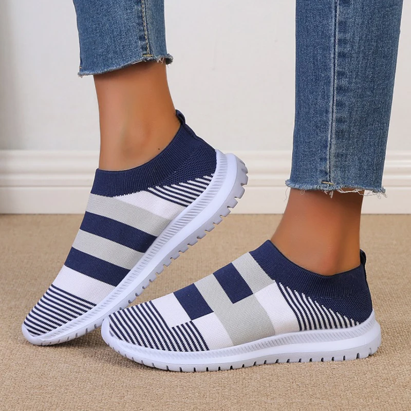 Fashion Striped Knitted Sneaker Shoes for Women Comfort Soft Slip-On Flats Woman Mix Color Non-Slip Sports Shoes Zapato Mujer