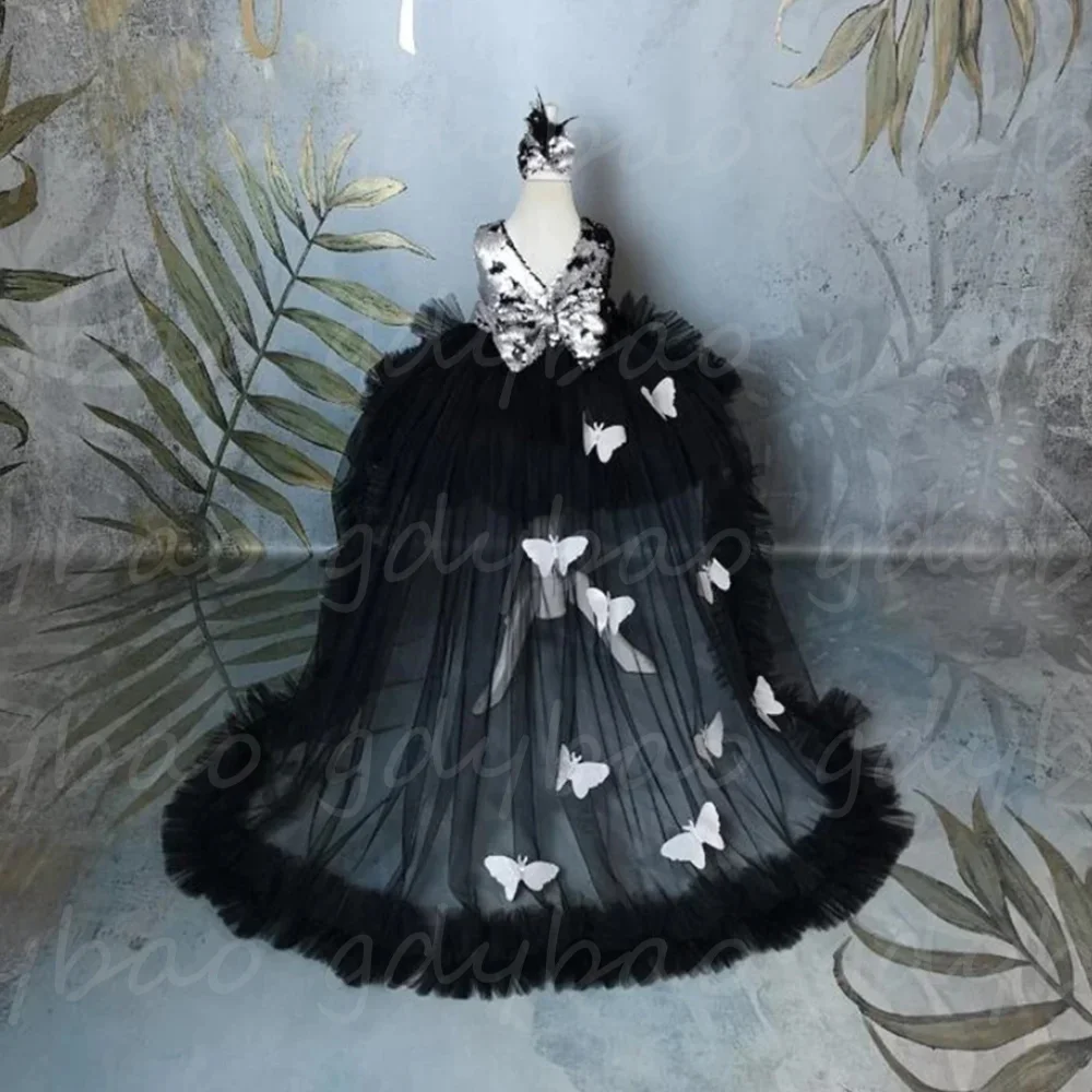 Vestido de flor preto para casamento, tule, arco de aplique sem mangas, longa, festa de aniversário, primeira comunhão, vestido de baile, princesa