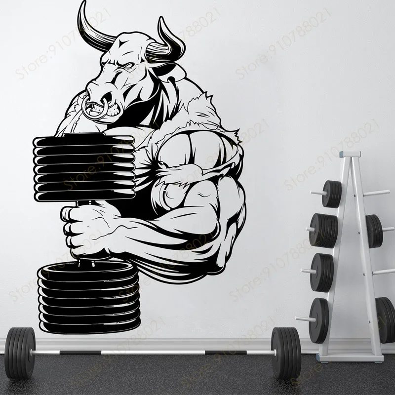 Bull Dumbbell Gym Sign Wall Sticker Fitness Exercise Power Motivation Home GYM Studio Decals Removable Murals Poster S580