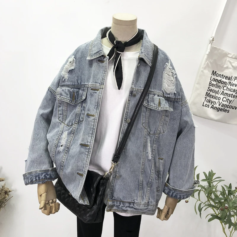 

Vintage Blue Holes Denim Jacket Women Autumn Korean Loose Casual Cowboy Outwear Big Pocket Long Sleeve Jeans Jacket Coat Female