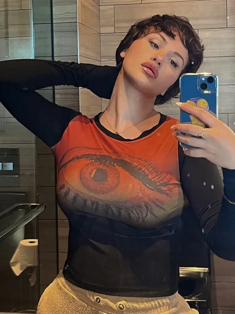 Eyes Printing Crop Top Women Aesthetic Clothes Mesh Streetwear Y2k Accessories Graphic T Shirts Long Sleeve Ropa Mujer Camisetas