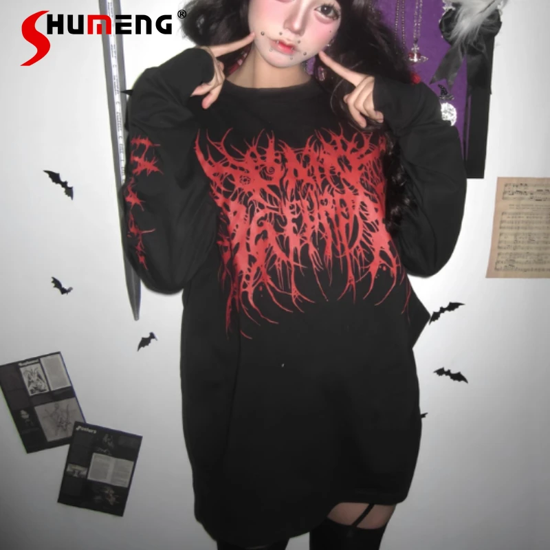 

Mass-Produced Japanese Goth Loose Long Sleeves Top Tees Dark Black Cotton Sweatshirts Pullovers T-shirt Kawaii Clothes Ladies