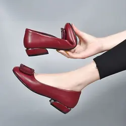 Zapatos de tacón bajo de cuero Pu suave para mujer, zapatos de tacón cómodos que combinan con todo, boca poco profunda, tacones gruesos, zapatos de cuero pequeños para trabajo