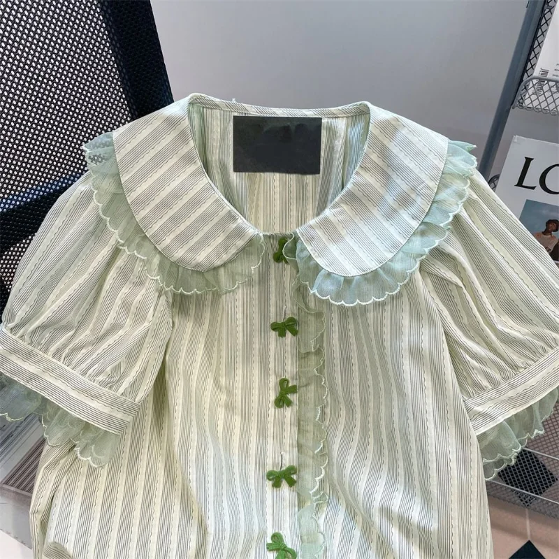 Kawaii Striped Women Blouses Sweet Lace Peter Pan Collar Chic Bow Button Green Tops Cute Puff Sleeve Y2k Aesthetic Lolita Shirts