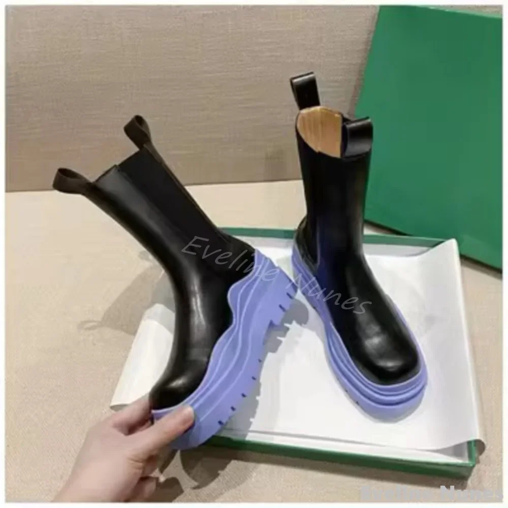 

Pink Thick Sole Mid-calf Boots Women Round Toe Chunky Heel Slip On Mixed Colors Leather Stretch Boots New Fashion Ankle Boots