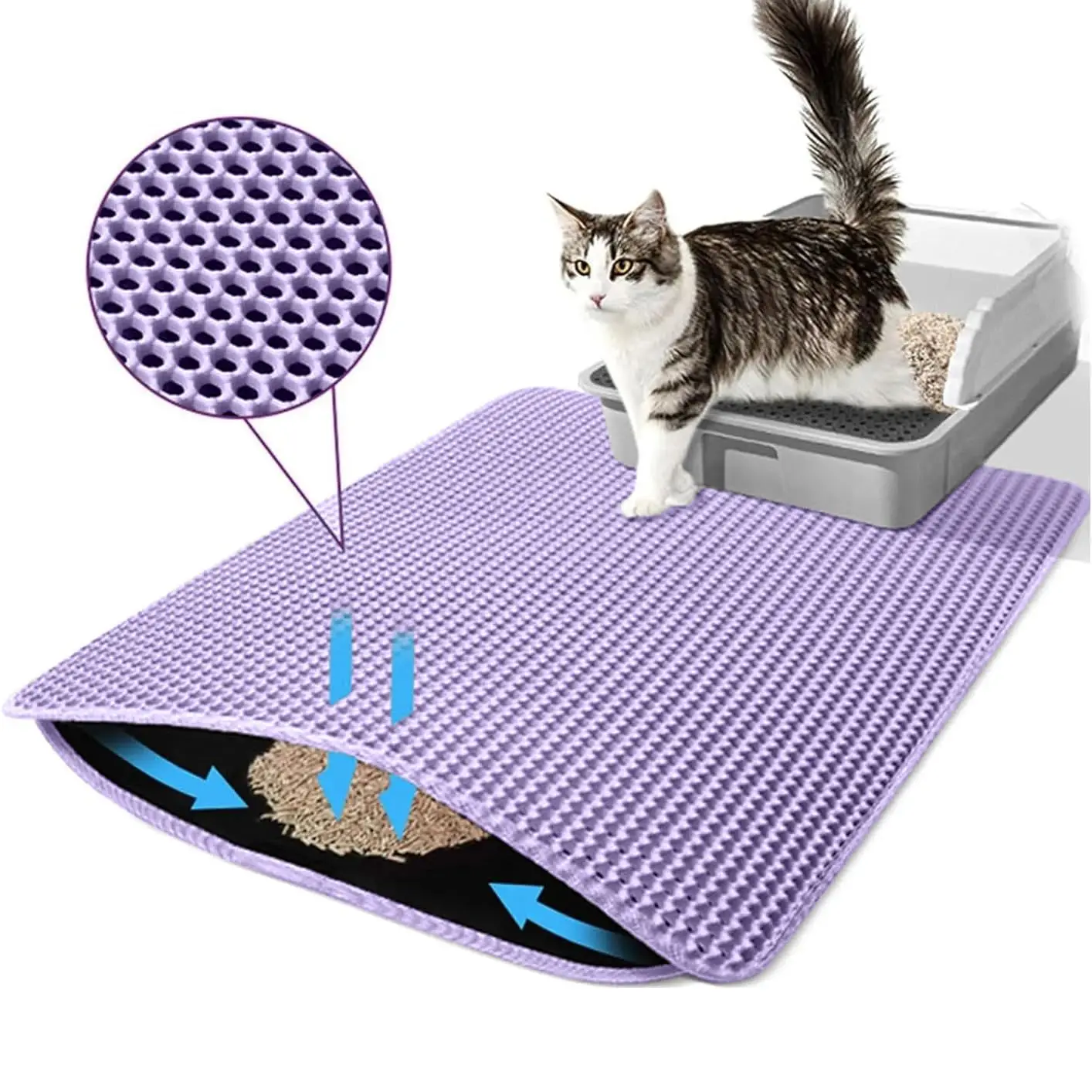 Paarse kattenbakmat dubbele laag huisdier antislip grote kattenbak filtermat slijtvast waterdicht antislip kattenbakmat - afbeelding 2