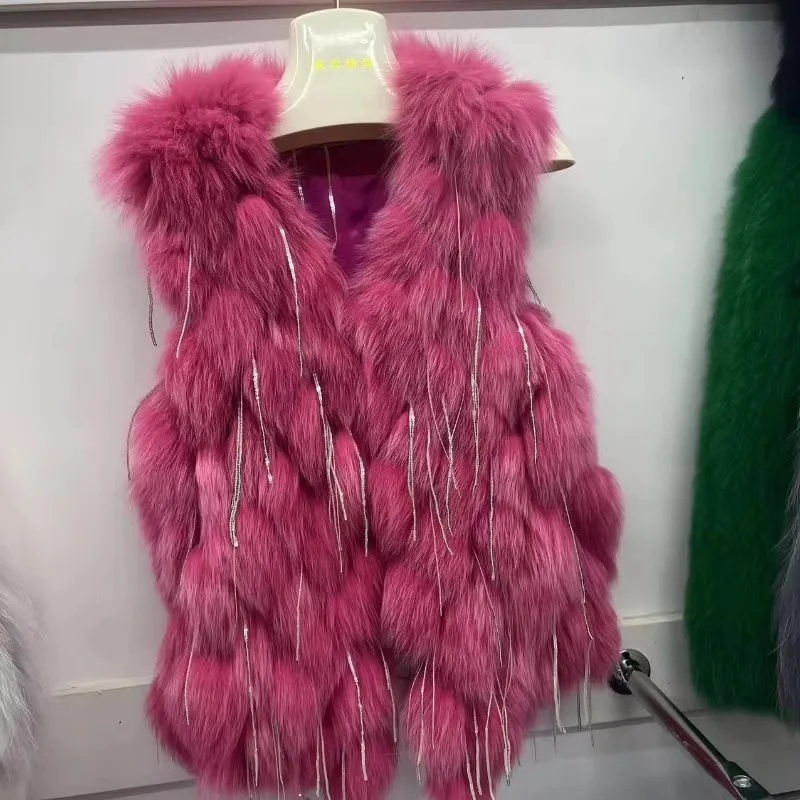 2025 Autumn Spring New Women Imitation Fox Fur Vest Fashion Spokes Tassel Fur Waistcoat Casual Solid Color Warm Short Outwear