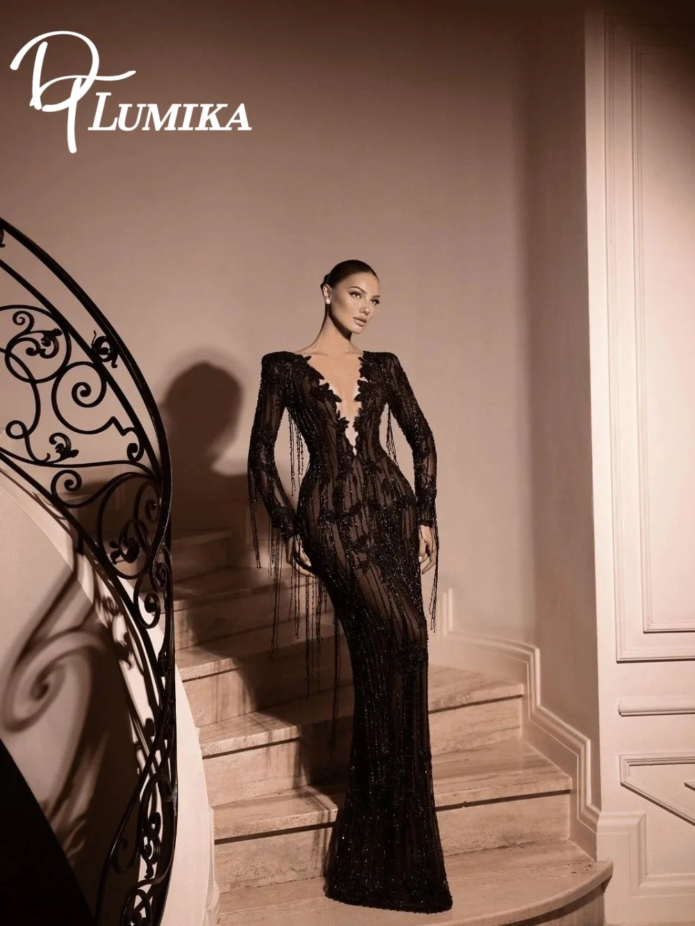

Dramatic Black Beaded Mermaid Evening Dress 2026 Edgy Deep V-Neck Long Sleeve Fringe Sheer Gown Luxurious Gown فساتين سهرة