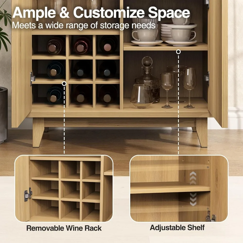 Modern Fluted Coffee Bar Cabinet with Removable Wine Rack and Adjustable Shelf, Solid Wood Legs, Multi-Functional Sideboard