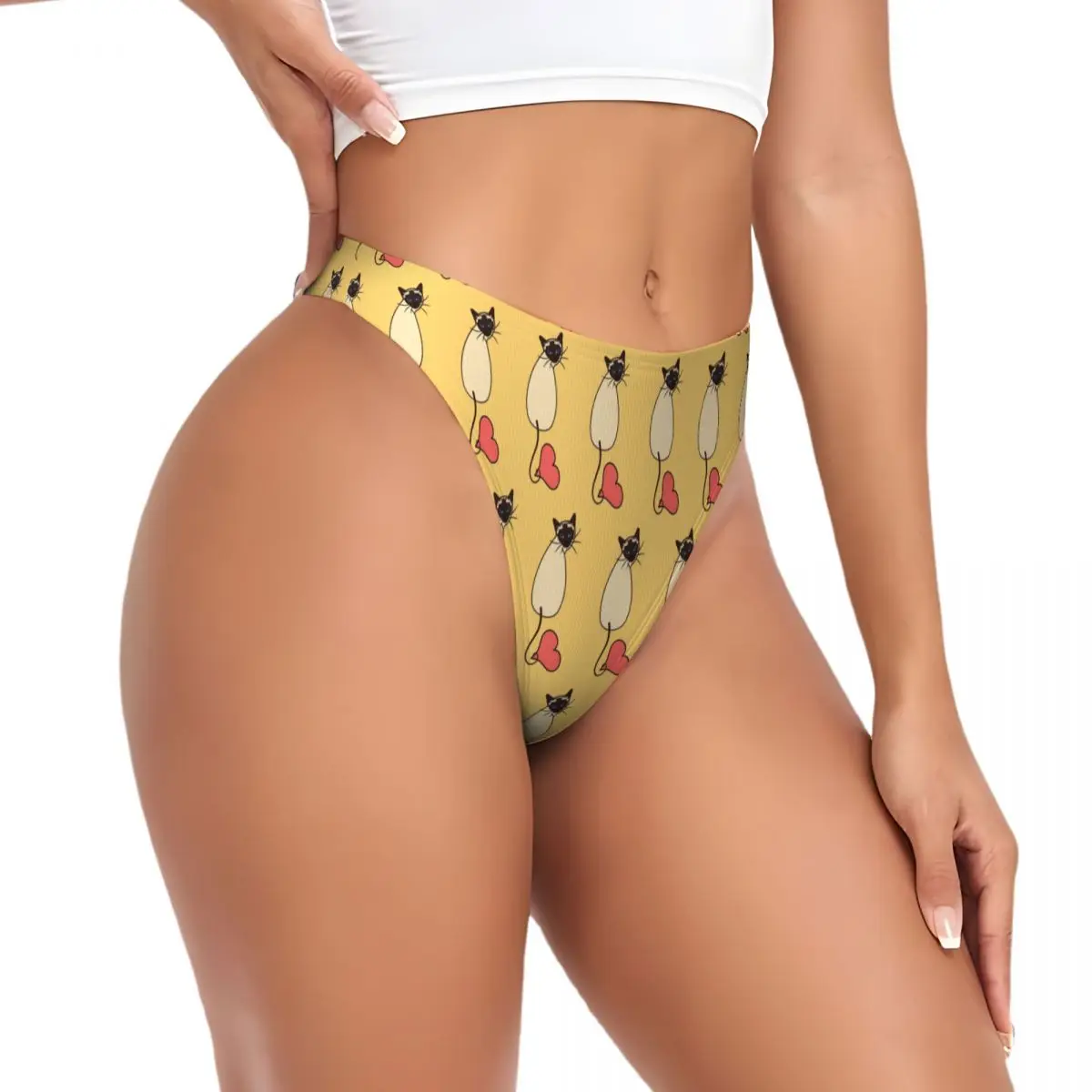 Custom Love Siamese Cat-Yellow G-string Panties Breathable Women Stretch Thongs Comfort Underwear