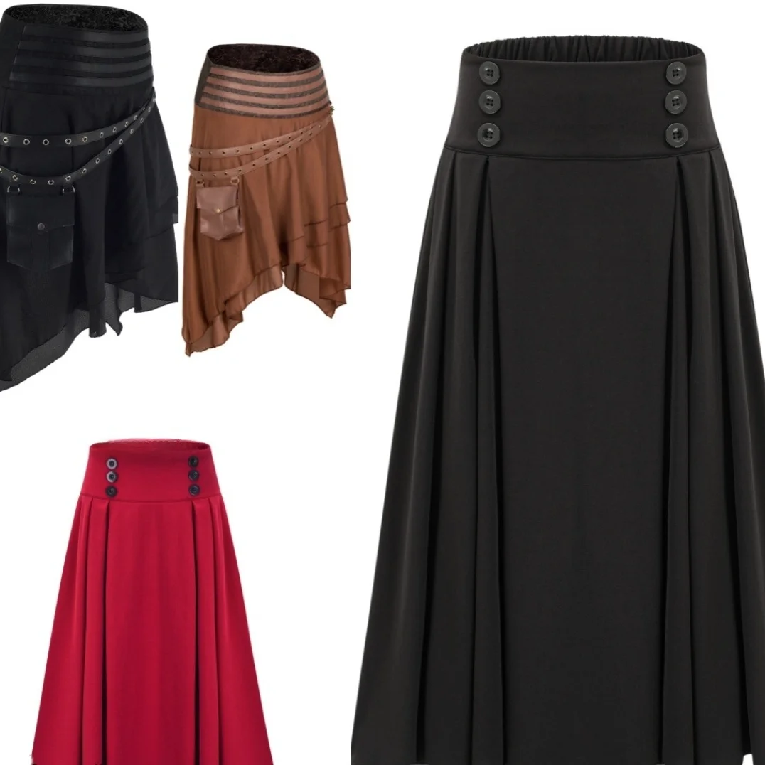 Groot formaat Retro Sle Plooirok Midi A-lijn Rok Ro Punk Traditioneel Festival Etnische Halloween Dames Faion