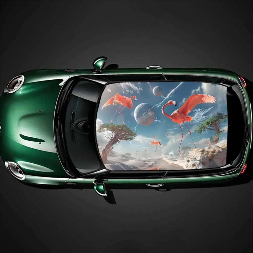 Sky Planet Soaring Flamingo Print Car Roof Sticker Wrap Racing SUV Auto Accessories Packaging PVC Car Hood Graphic Decal Decor