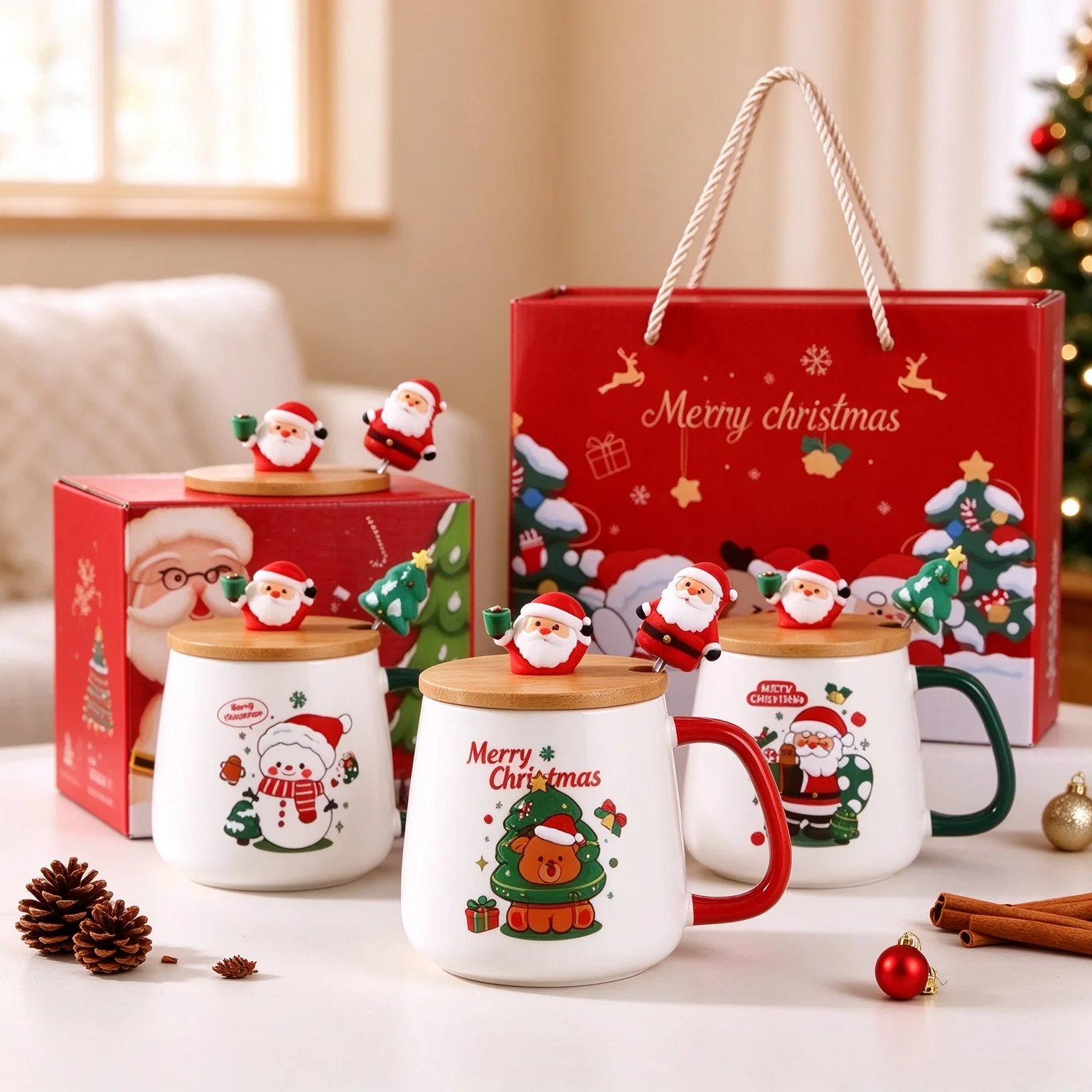 Festive Christmas Xmas Theme Ceramic Mug Cup Set with Lid And Spoon -Christmas Gift Box Mug for Coffee Milk Tea Breakfast