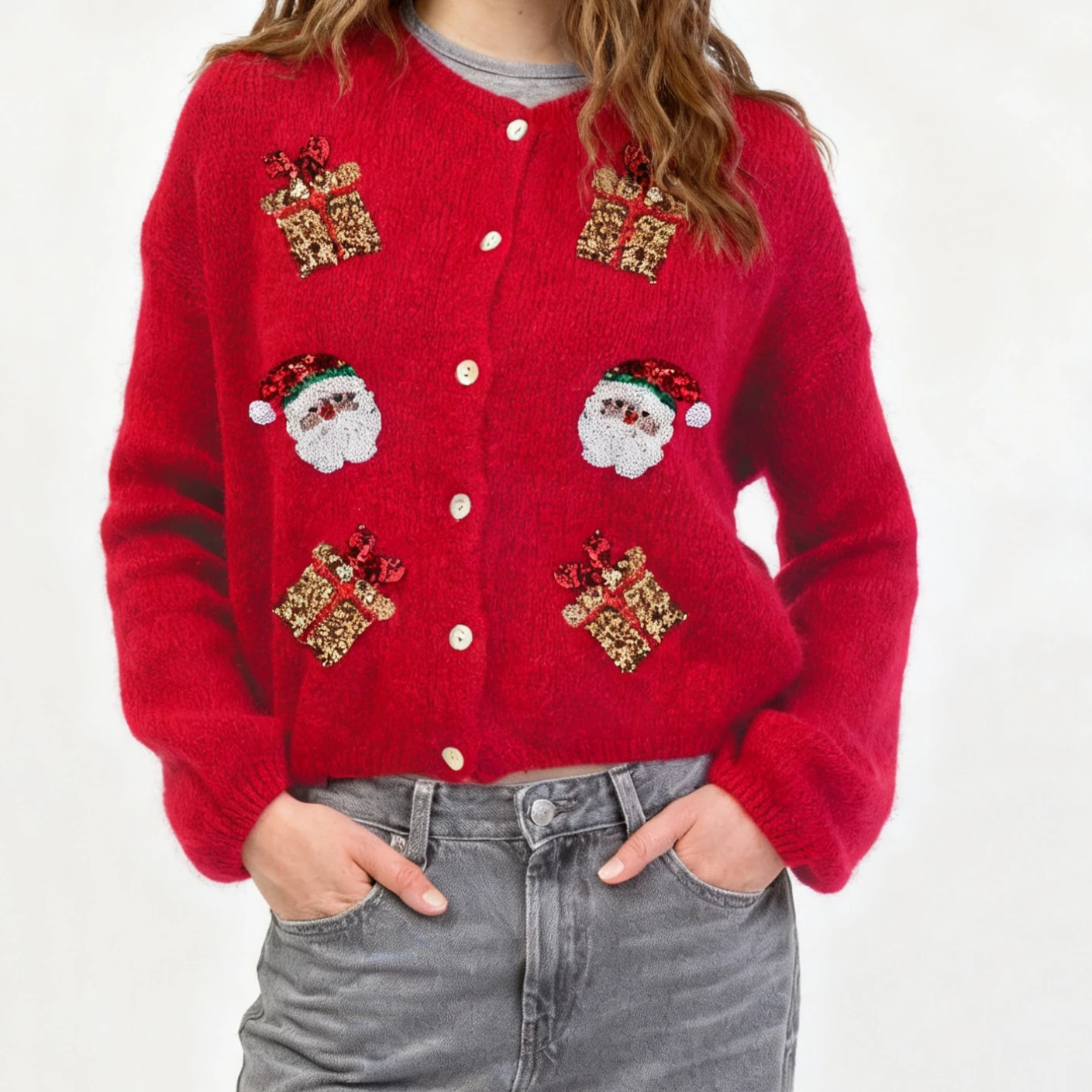 เสื้อคาร์ดิแกนคริสต์มาสสำหรับผู้หญิง แขนยาว คอวี ติดกระดุม ปักลายซานตาคลอสด้วยเลื่อม เสื้อแจ็คเก็ตถัก
