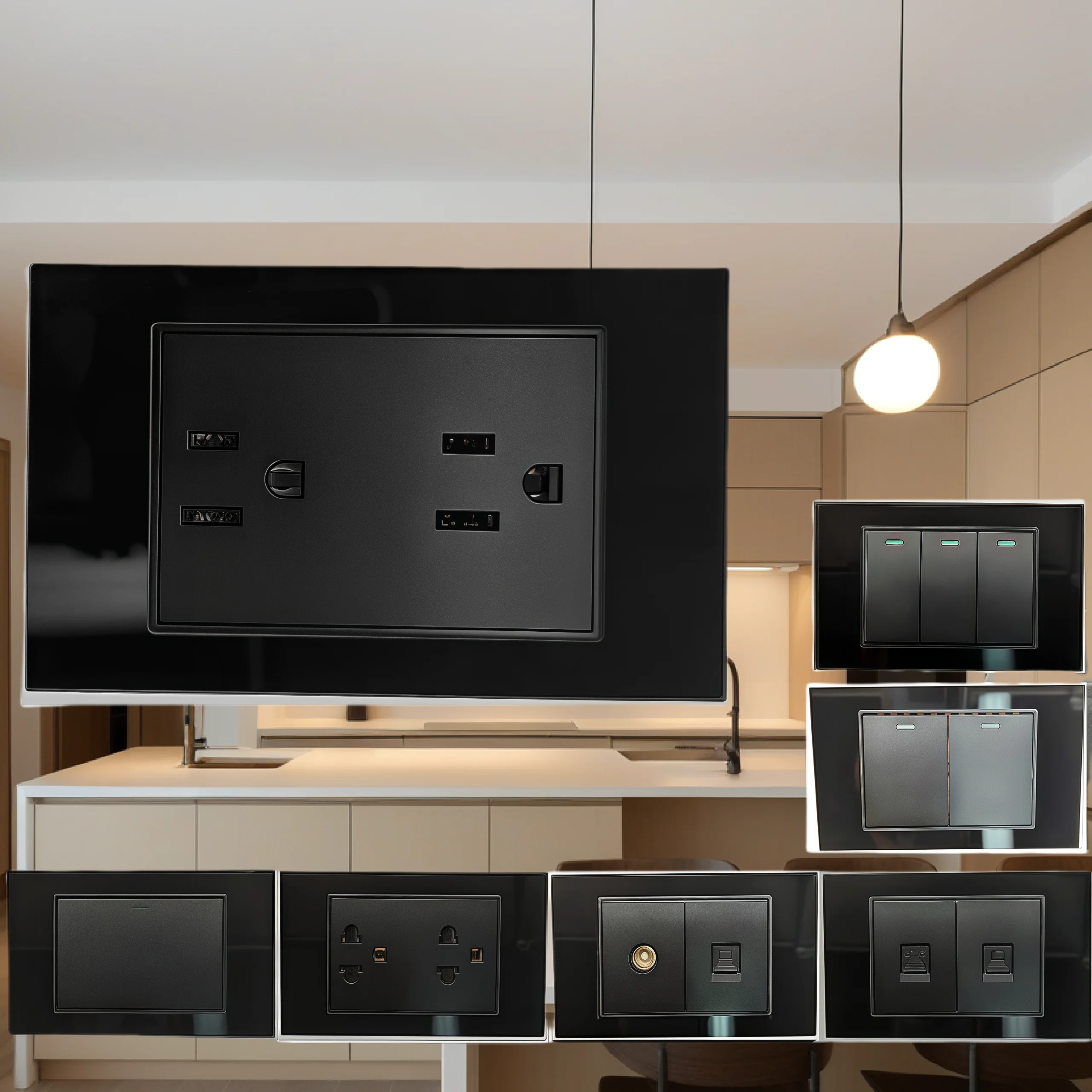 

118 мм американская бытовая стандартная 2Gang черная панель из закаленного стекла 16A 3 отверстия настенная розетка и комбинация переключателей