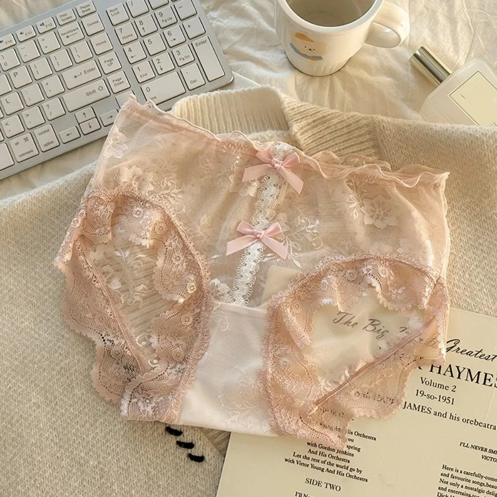 

Comfortable Cotton Crotch Sweet Lace Panties Mid Waist Transparent Underwear for Women Bow Mesh Lace Flower Briefs Female