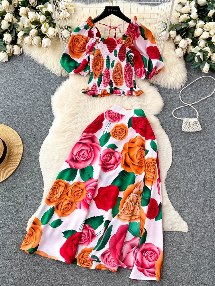 YuooMuoo Women Dress Sets Summer Fashion Floral Print Beach Robe Femme Puff Sleeve Crop Tops + High Waist Split Long Skirts