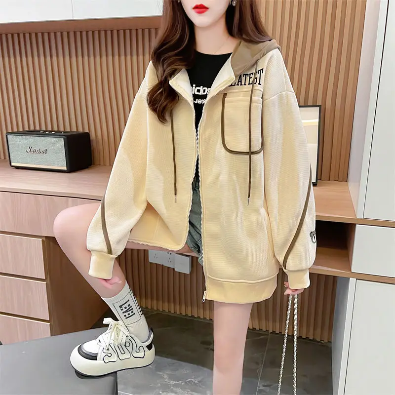 Fashion Pockets Letter Embroidery Hooded Sweatshirts Female Clothing 2024 Autumn Winter New Loose Casual Tops Korean Sweatshirts