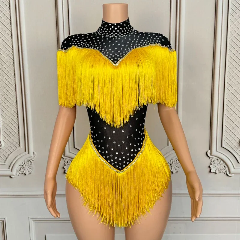 

Drag Queen Clothes Sexy Gogo Costume Yellow Fringed Rhinestones Bodysuit Women Nightclub Ds Dj Party Outift Rave Wear