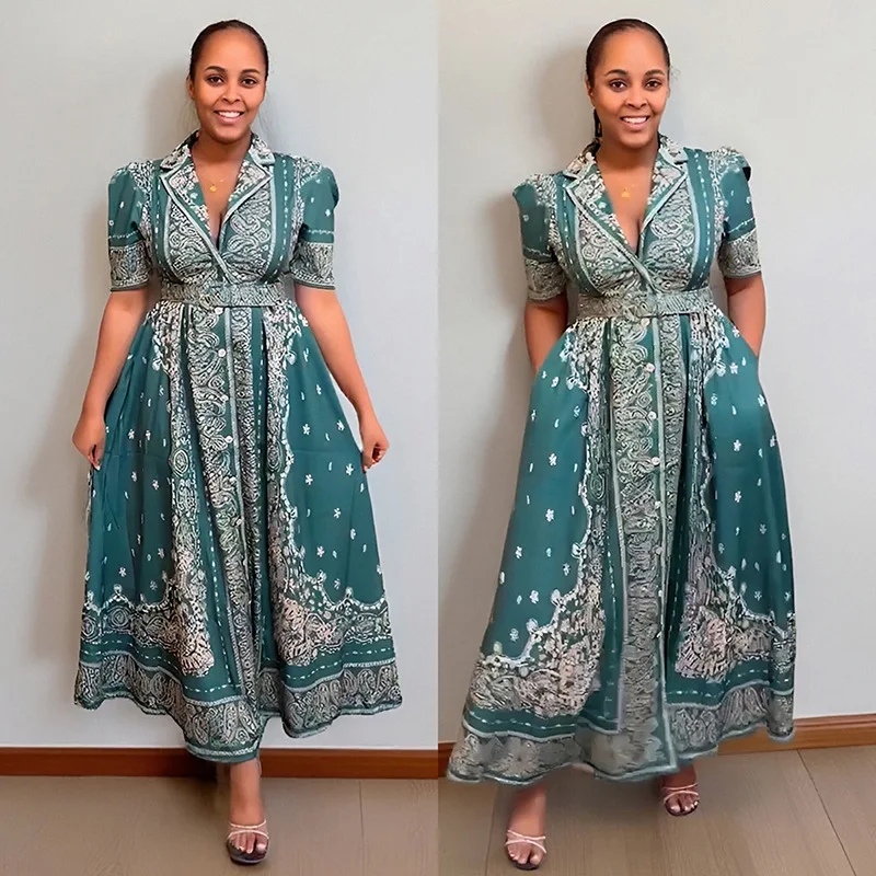 

Dashiki African Dresses for Women Summer Elegant Short Sleeve V-neck Polyester Print Long Maxi Dress Gowns Africa Clothing