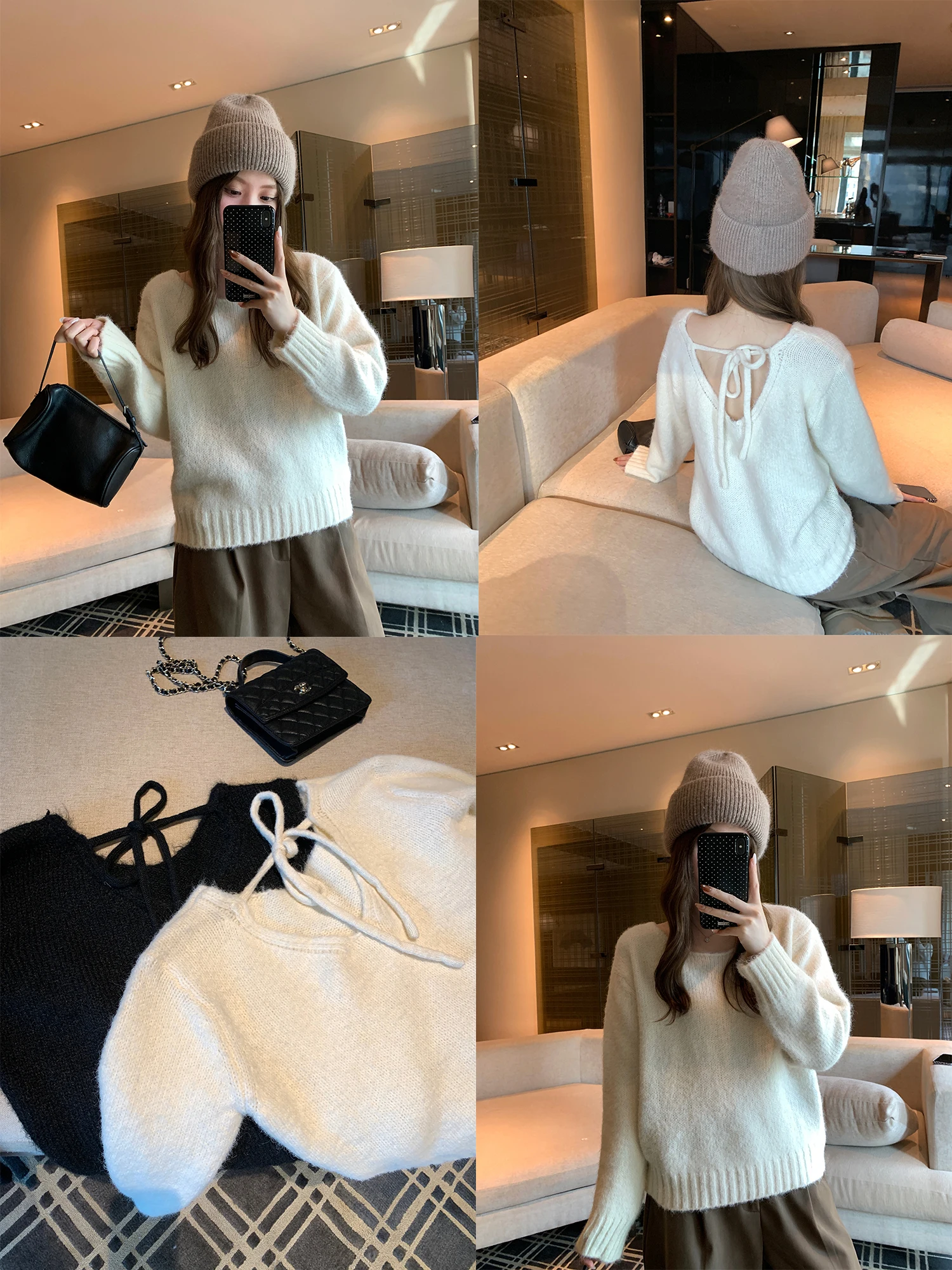 

Корейский вязаный свитер с вырезами и бантом, женский, для ношения как нижнее или верхнее белье, мягкий, с длинными рукавами, осенне-зимний, модный, для девушек