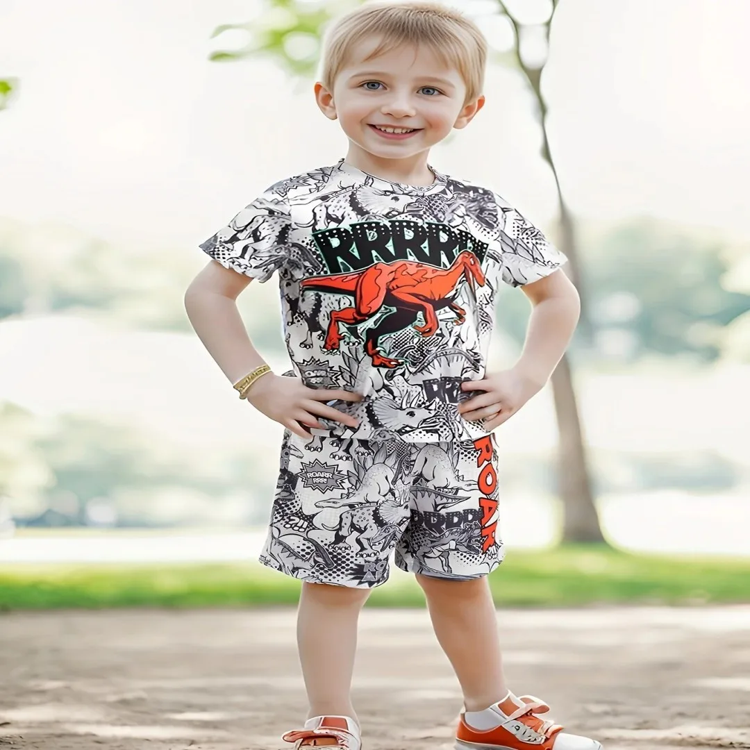 2025 new summer boy and girl cartoon T-shirt+shorts set, children's cute cartoon 2-piece set, children's girl clothing set, comf