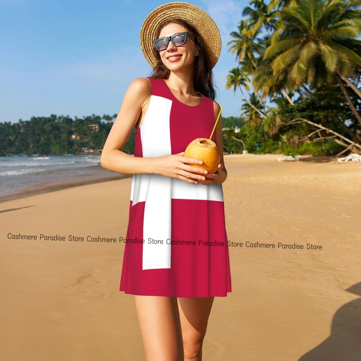 فساتين صيفية للنساء فستان كاجوال بدون أكمام فساتين صيفية بدون أكمام بعلم الدنمارك مع جيوب