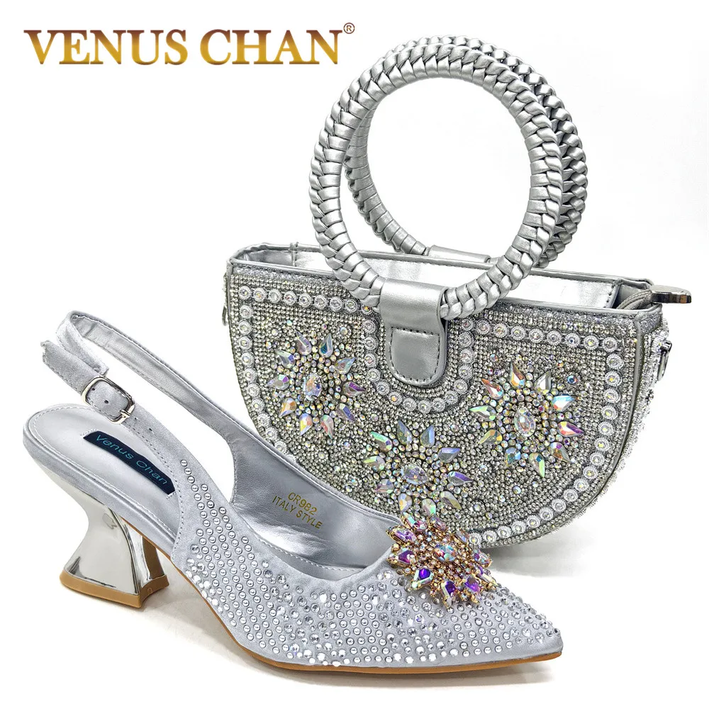 Venus Chan 2024 Italian Design Girly Style Silver Color Pointed Toe Wedding Shoes And Bag Full Diamond Decoration Handle Bag