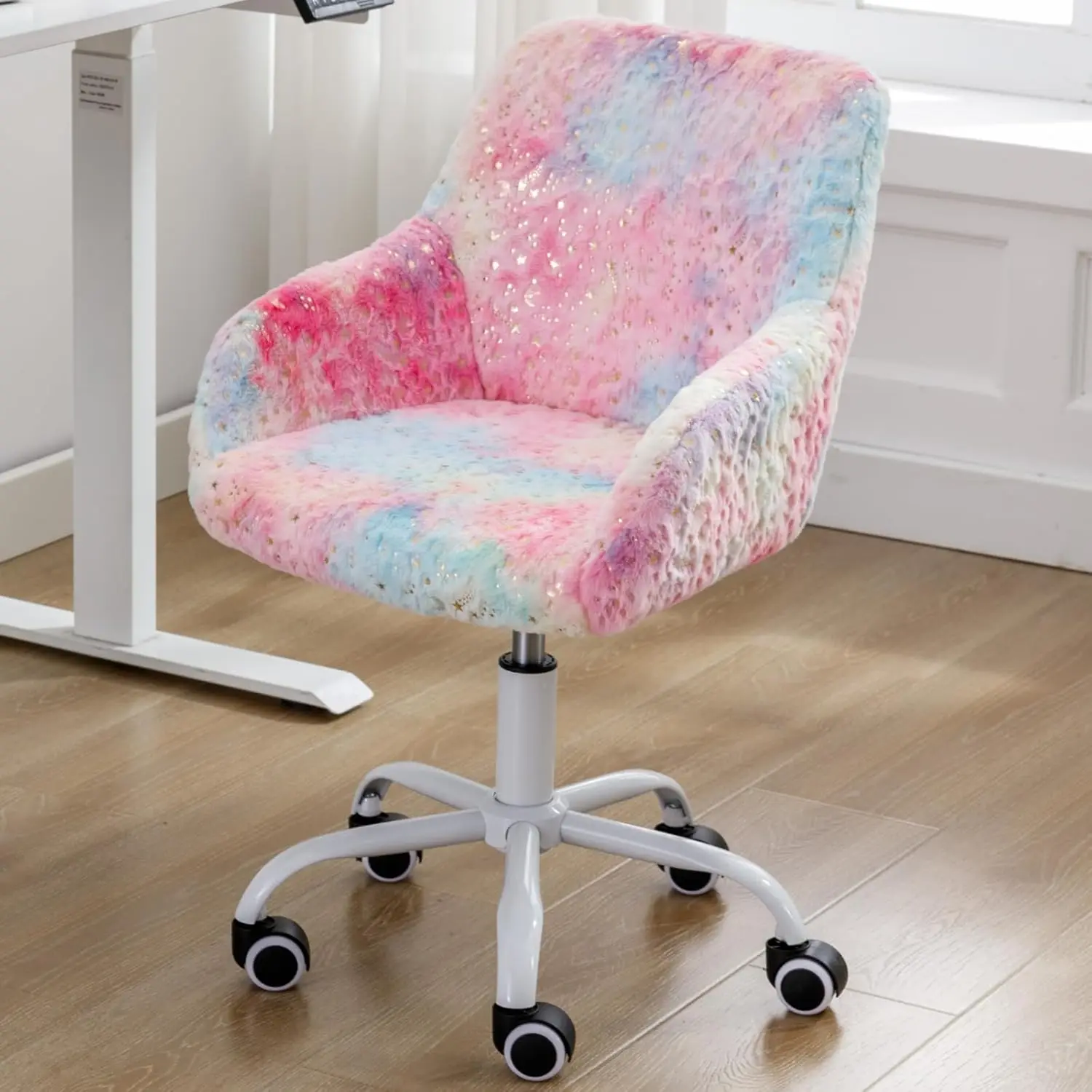 

Kids Adjustable Desk Chair, Furry Study Chair with Swivel Base Cute Upholstered Faux Fur Reading Chair with Arms for Girls Child