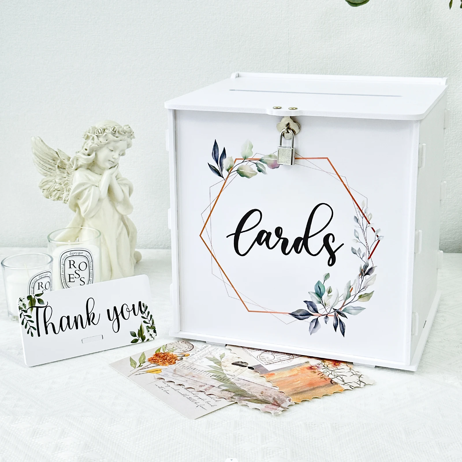 White Wedding Card Box with Lock, PVC Gift Card Box for Wedding Reception, Eucalyptus DIY Wedding Envelope Money Card Box