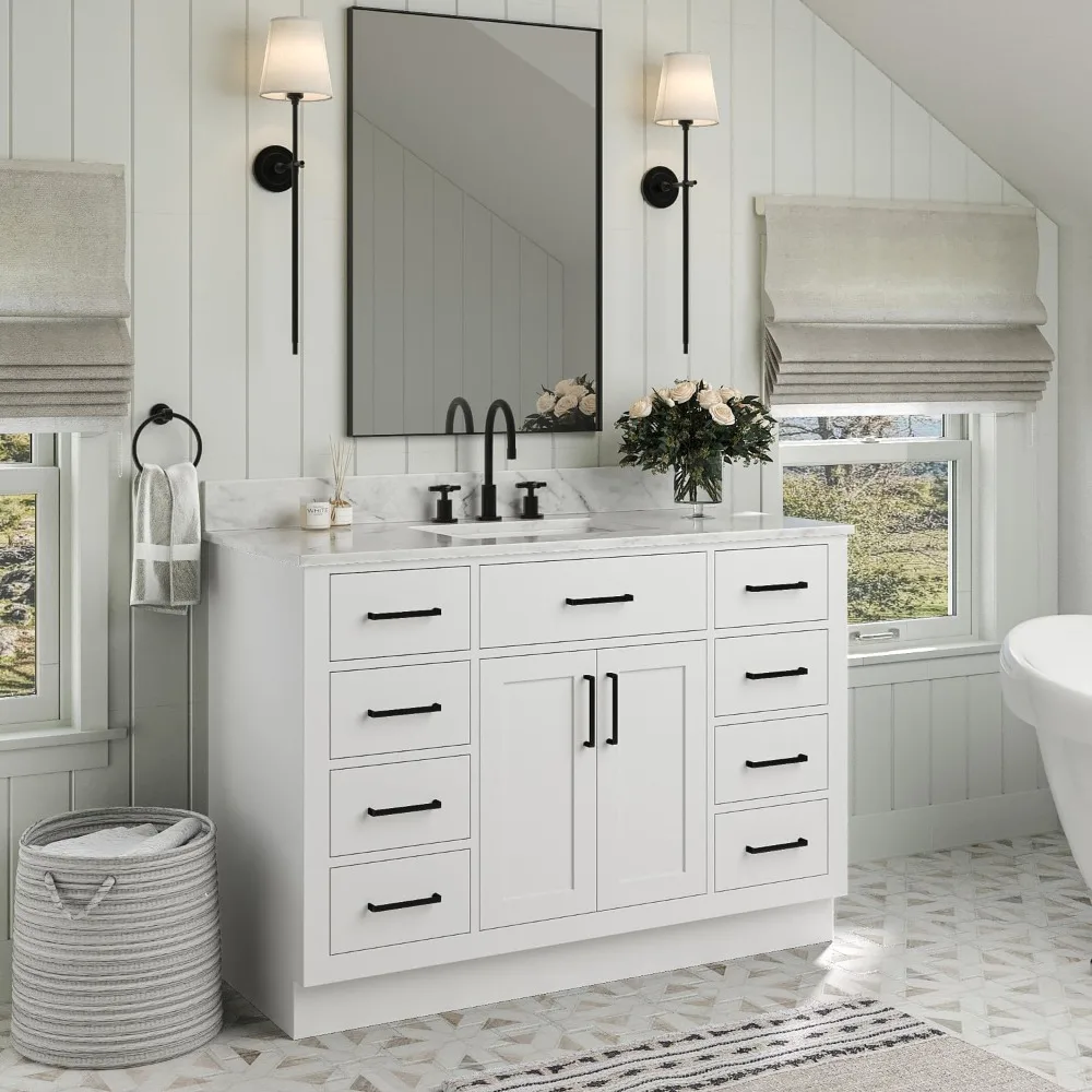 

49 inch bathroom vanity white, 1.5 inch edge quartz countertop, rectangular sink, 2 soft closing doors, 9 fully extended drawers