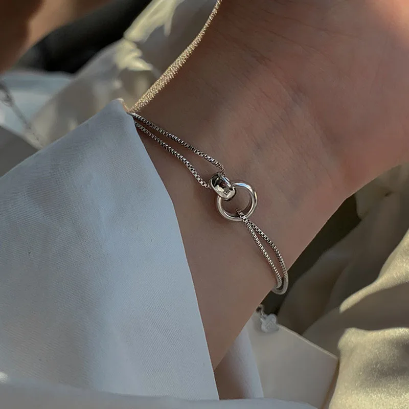 

VENTFILLE 925 Sterling Silver Double Ring Buckle Bracelet For Women INS Temperament Girlfriend Gift Jewelry Accessories Dropship