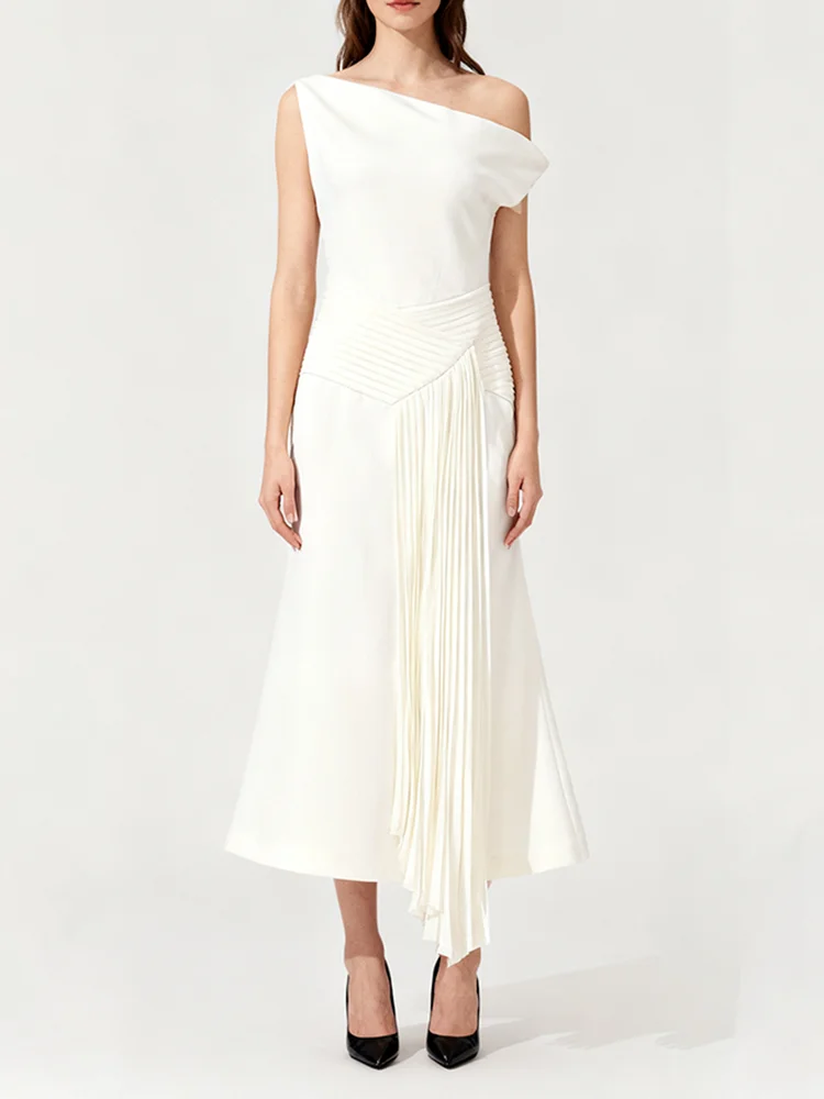 Eleganckie sukienki midi wyszczuplające dla kobiet z asymetrycznym dekoltem, odkrytymi ramionami, patchworkiem i zakładkami, odzież damska, nowość.