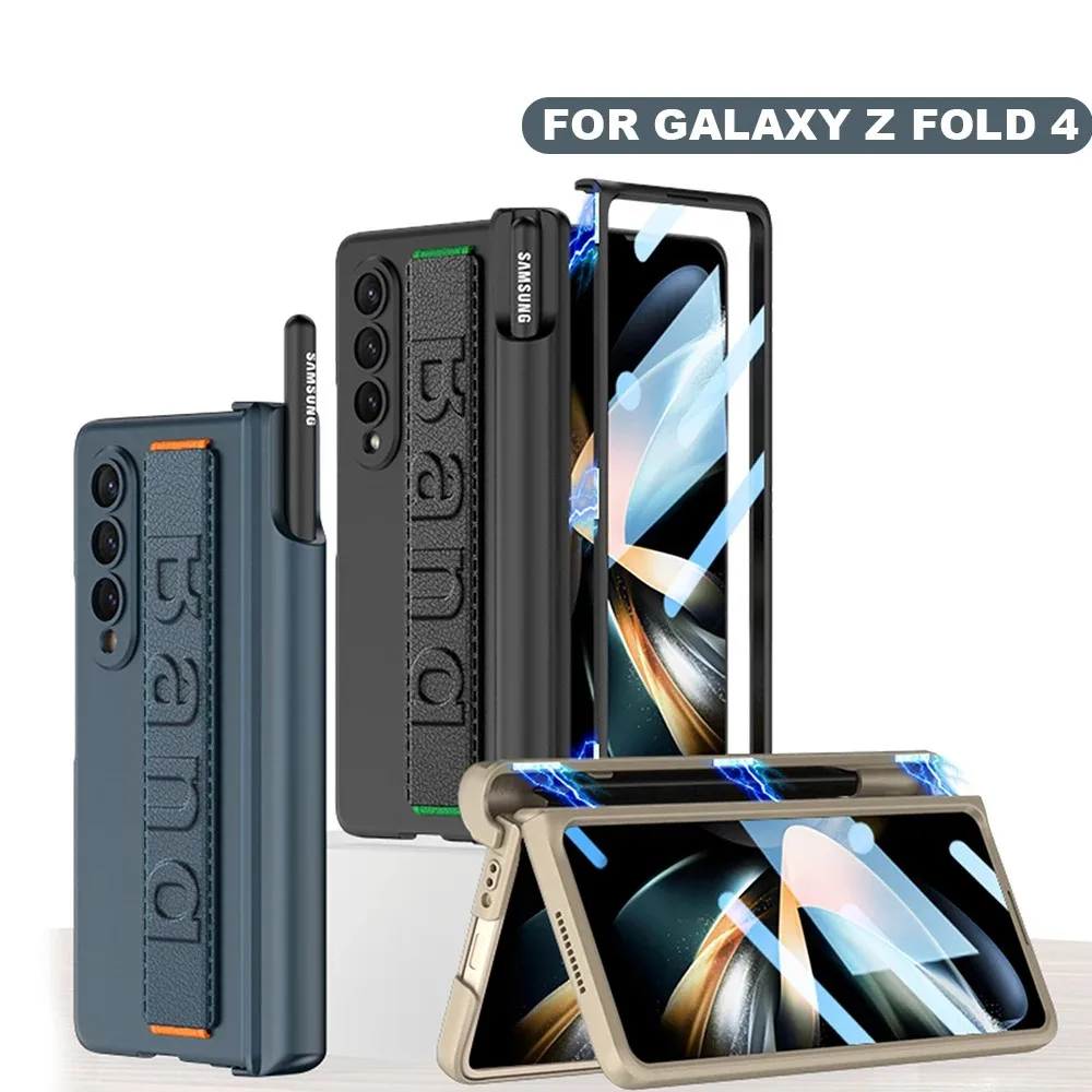 With Wrist Strap Pen Holder Case For Samsung Galaxy Z Fold 4 3 5G Cover With Screen Glass Pen Slot Hard For Galaxy Z Fold 4 Case