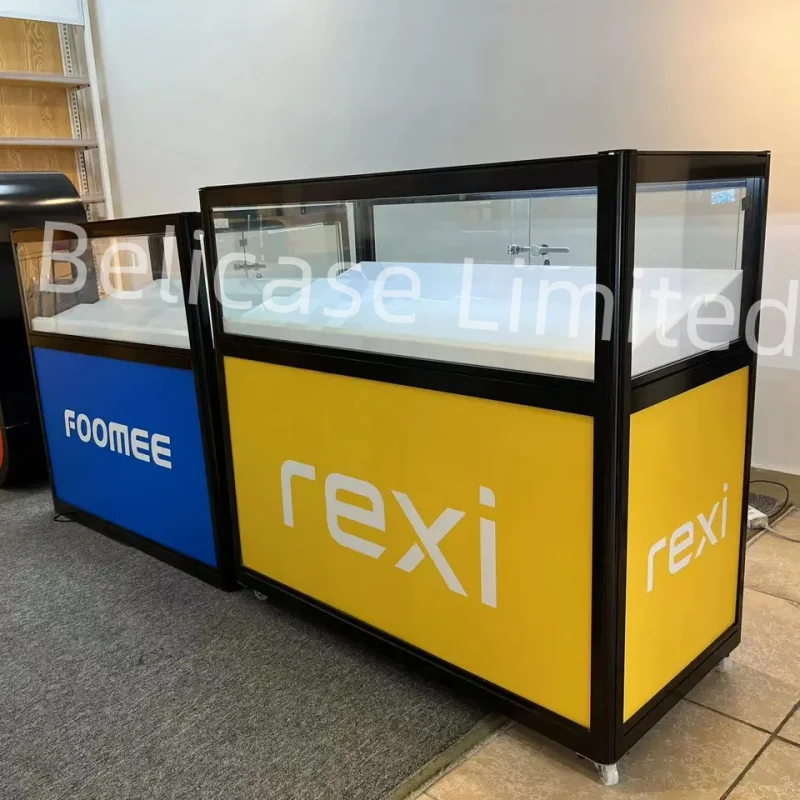 2025customized.Shopping Mall Mobile Phone Retail Counter Modern Retail Shop Glass Cabinet Cell Phone Display Showcase with Led L