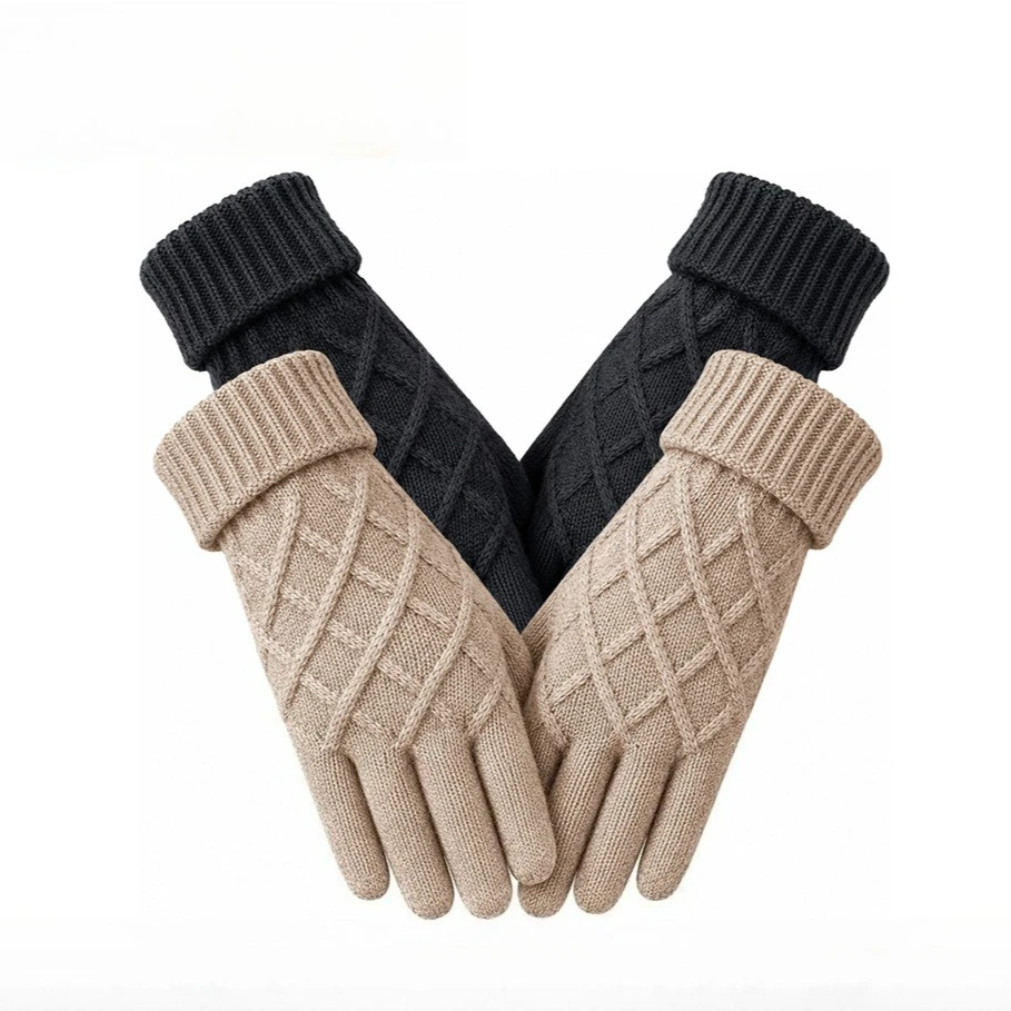 Pineapple‑Textured Knit Five‑Finger Mitts Ladies Solid Rhombus‑Cable Gloves Winter Outdoor Cold‑Shield Rib‑Cuff Hand‑Warmers