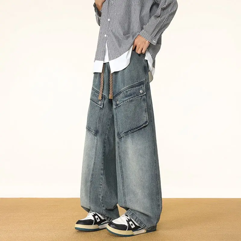 بنطال جينز رجالي مقاس كبير كاجوال أمريكي واسع الساق مع جيوب متعددة بنطال عمل عصري ومتعدد الاستخدامات