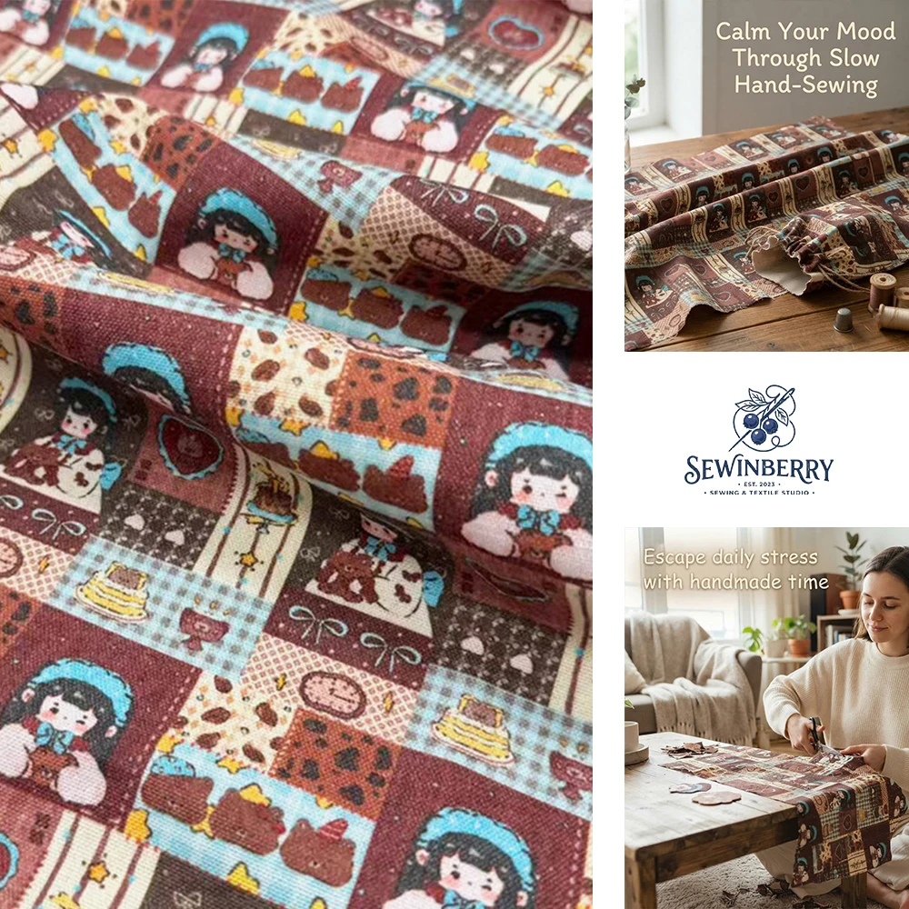 

Boho Vintage Cotton Fabric Retro Patchwork Cartoon Girl Cake Print Stress Relief DIY Sewing Material For Kids Dress Pillow