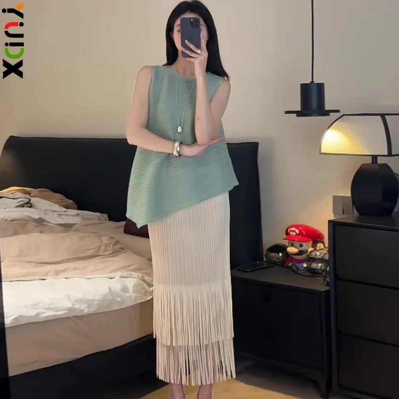 YUDX Fashion Women Slant Hem Comfortable Vest Sleeveless Round Neck Top + Tassel Half Skirt 2024 Summer New Solid Color Dresses